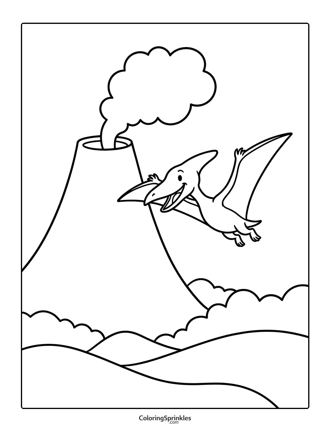 Coloring page of a pterodactyl flying near a smoking volcano