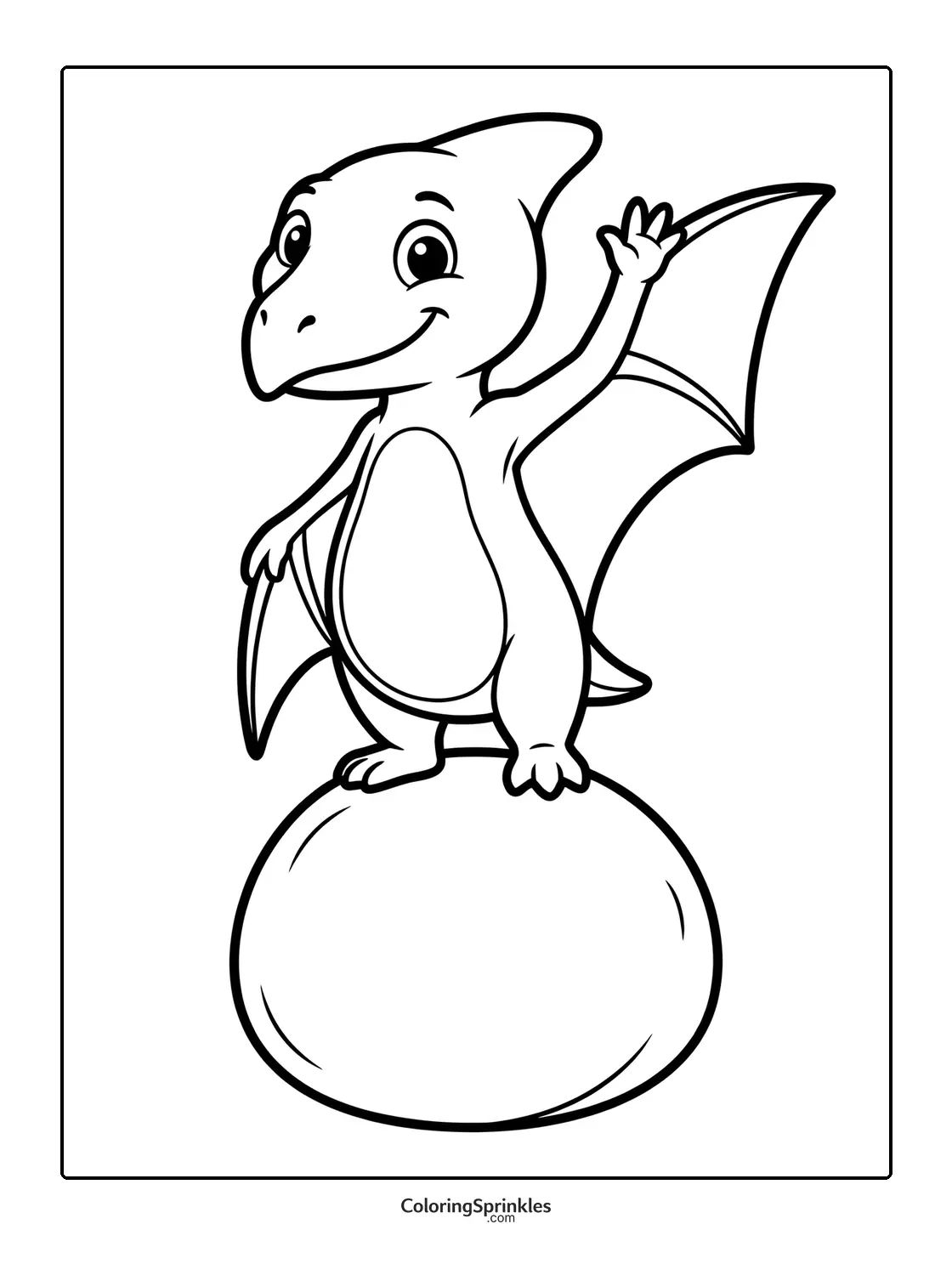 Coloring page of a pterodactyl waving while standing on an egg