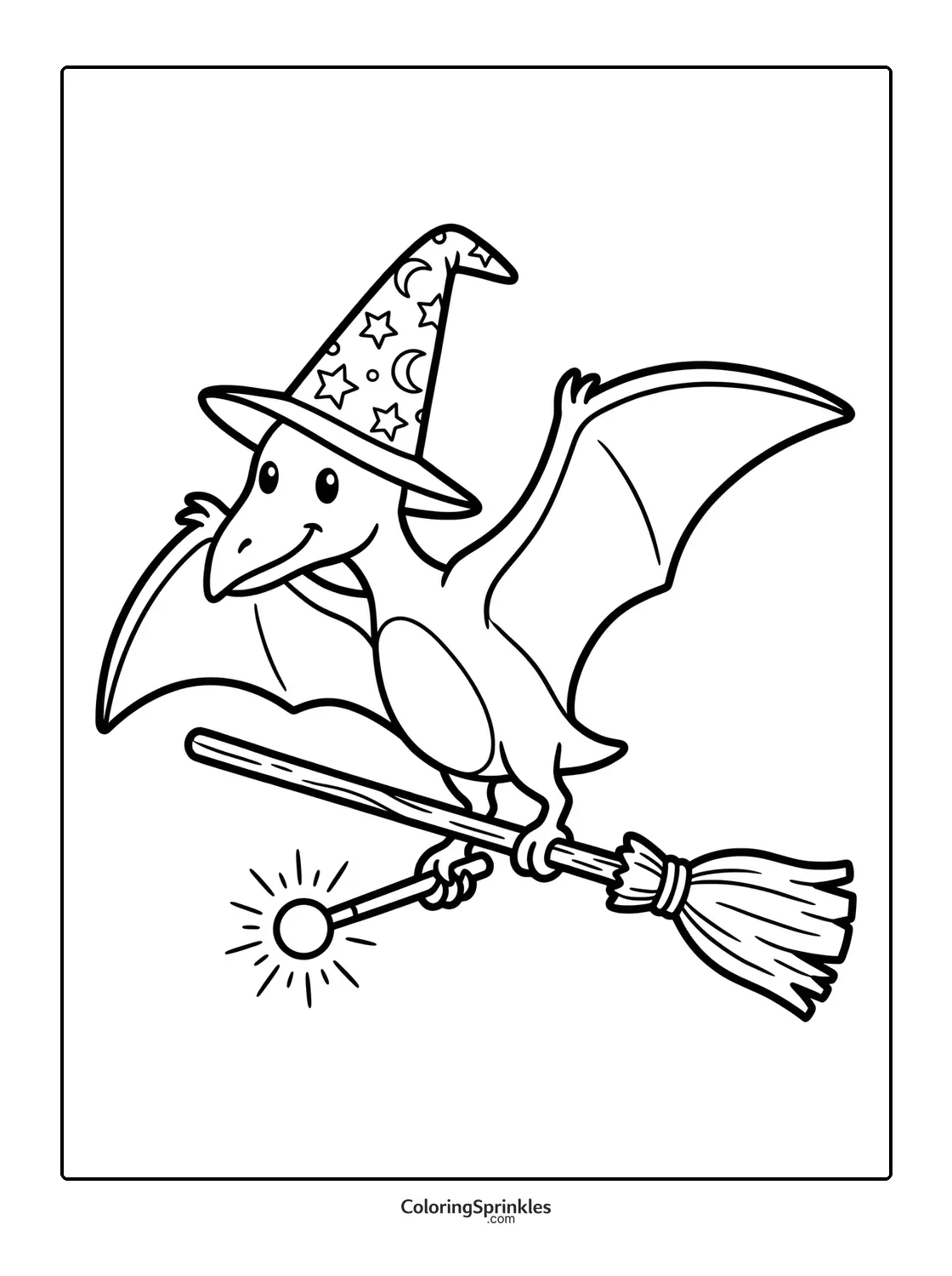 Coloring page of a pterodactyl wearing a witch hat flying on a broomstick with a magic wand