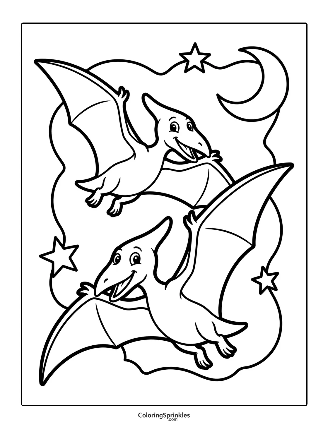 Coloring page of two pterodactyls flying at night with moon and stars