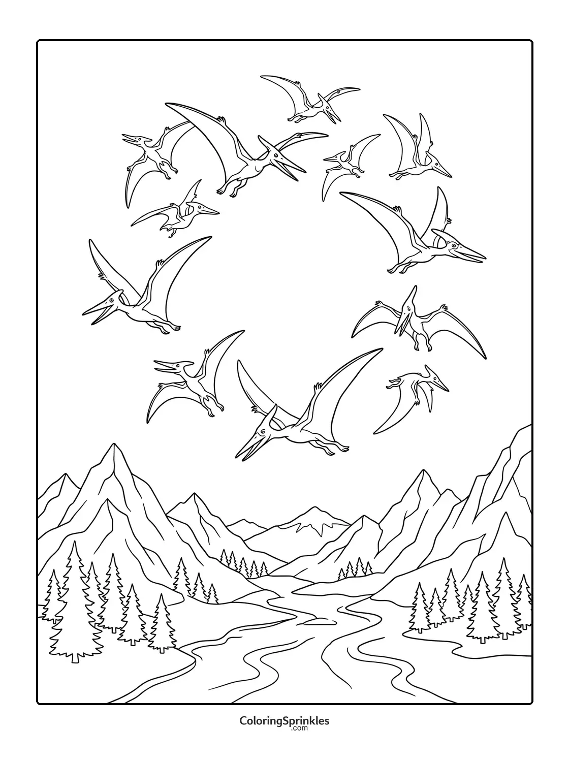 Coloring page of pterodactyls flying over mountains and a river