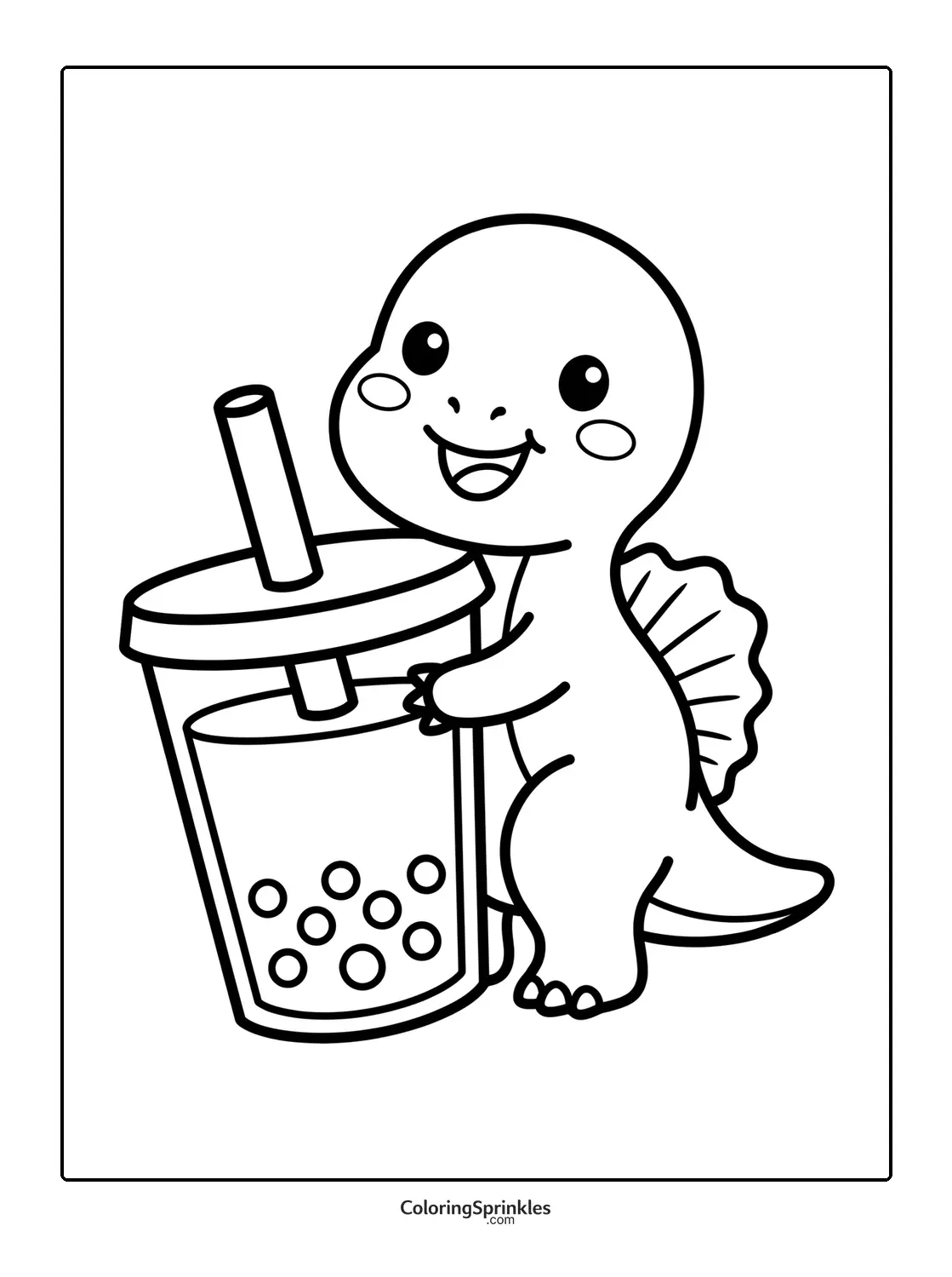 Coloring page of a cute spinosaurus holding a bubble tea cup