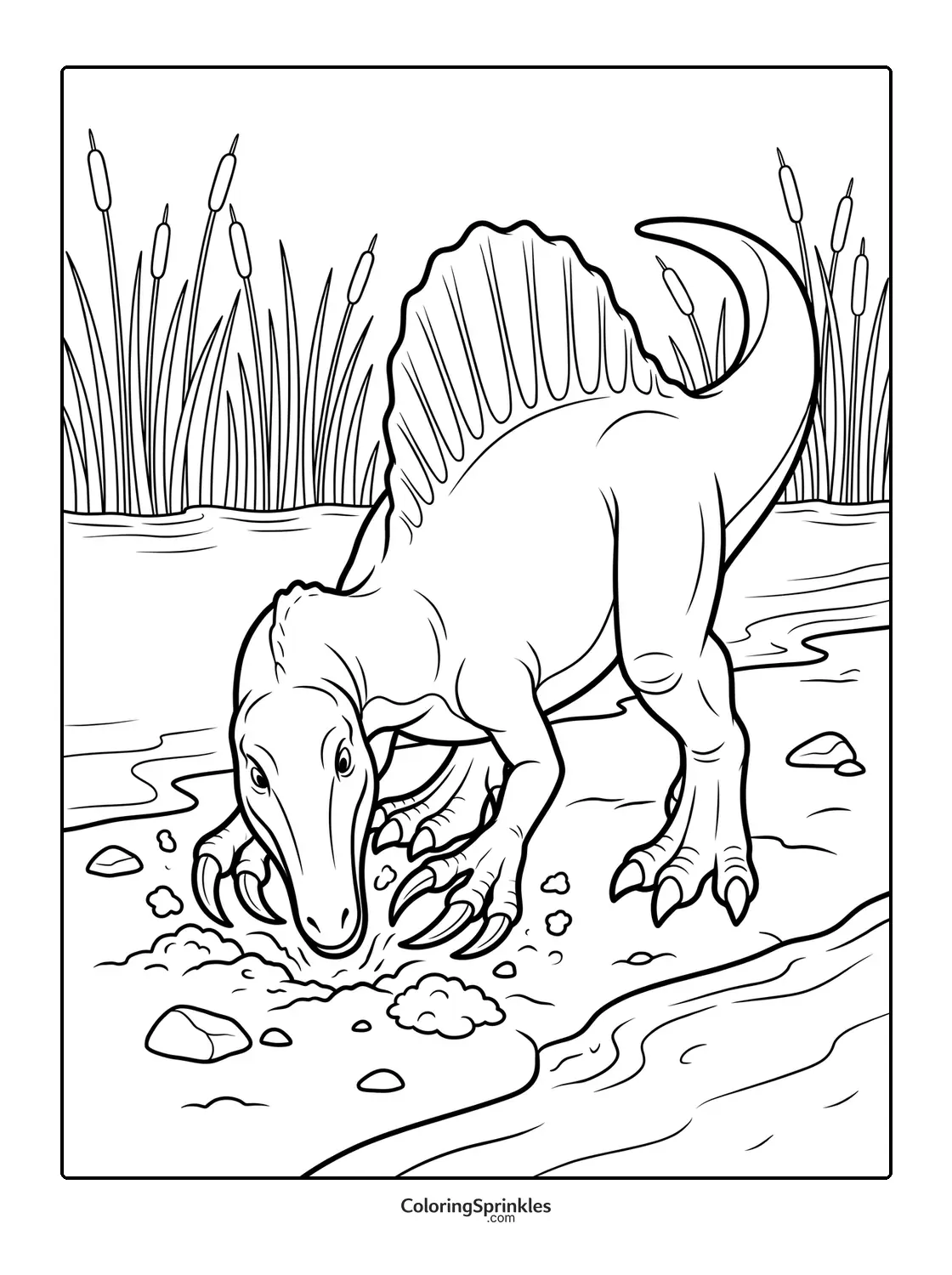 Coloring page of a spinosaurus digging near a riverbank with reeds
