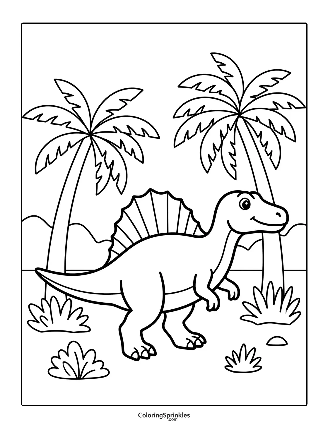 Coloring page of a spinosaurus dinosaur among palm trees in a jungle