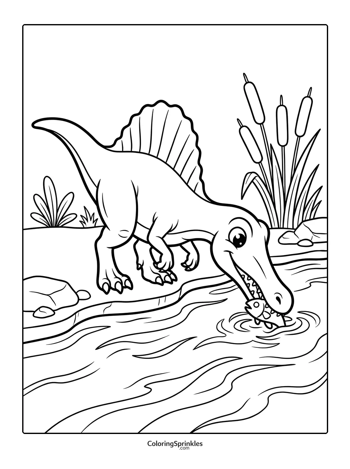 Coloring page of a spinosaurus fishing in a river with cattails