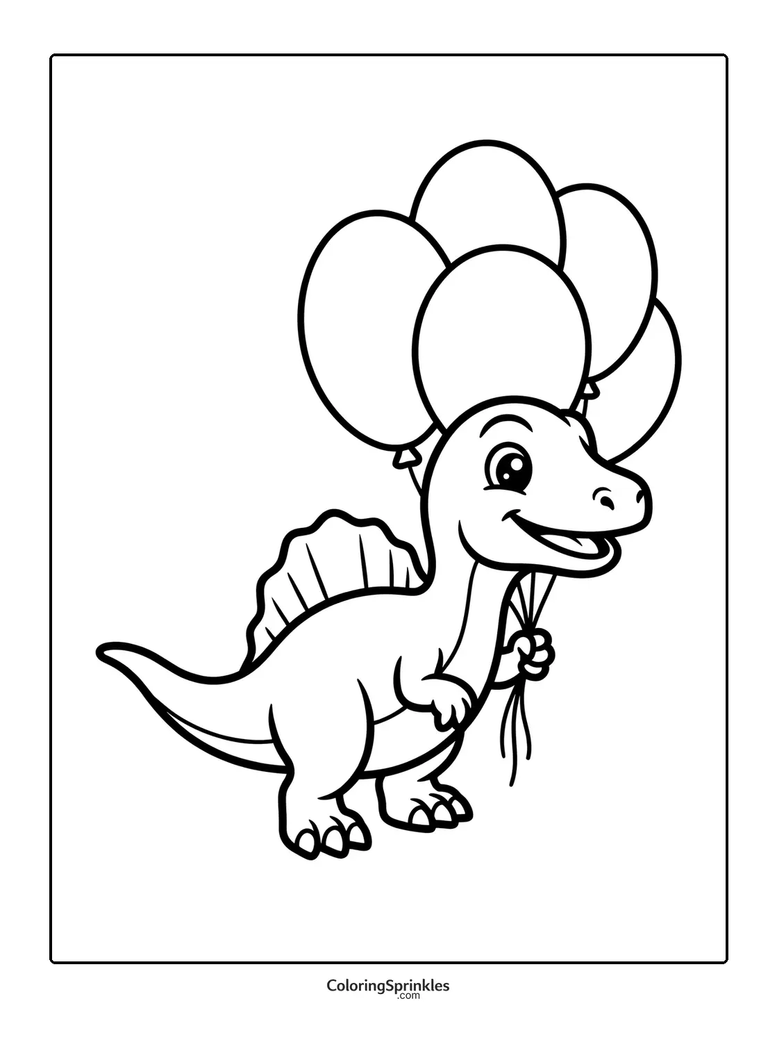Coloring page of a happy spinosaurus holding balloons