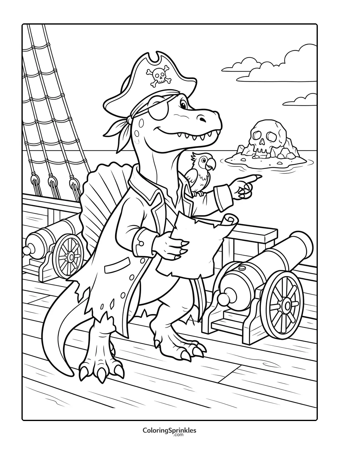 Coloring page of a spinosaurus dressed as a pirate on a ship with a parrot and treasure map