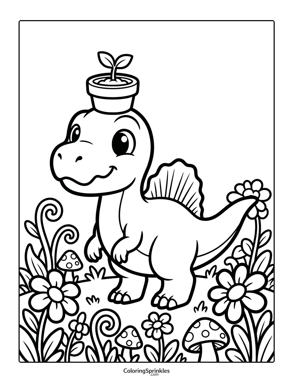 Coloring page of a cute spinosaurus with a plant pot on its head surrounded by flowers and mushrooms