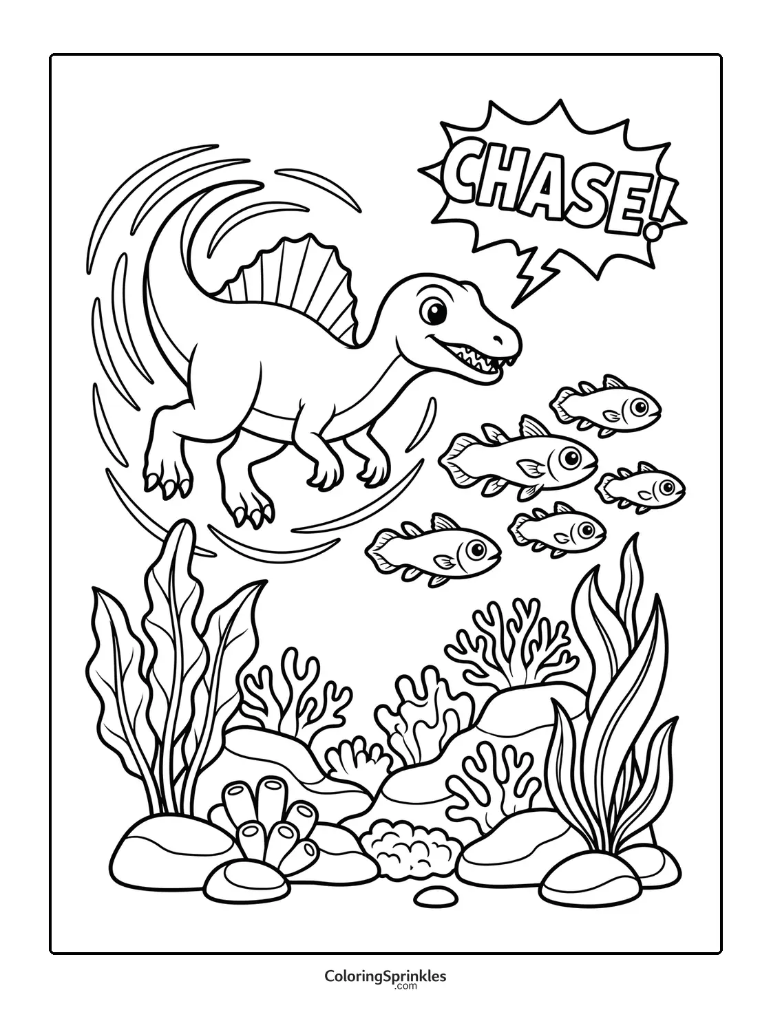 Coloring page of a spinosaurus underwater chasing fish