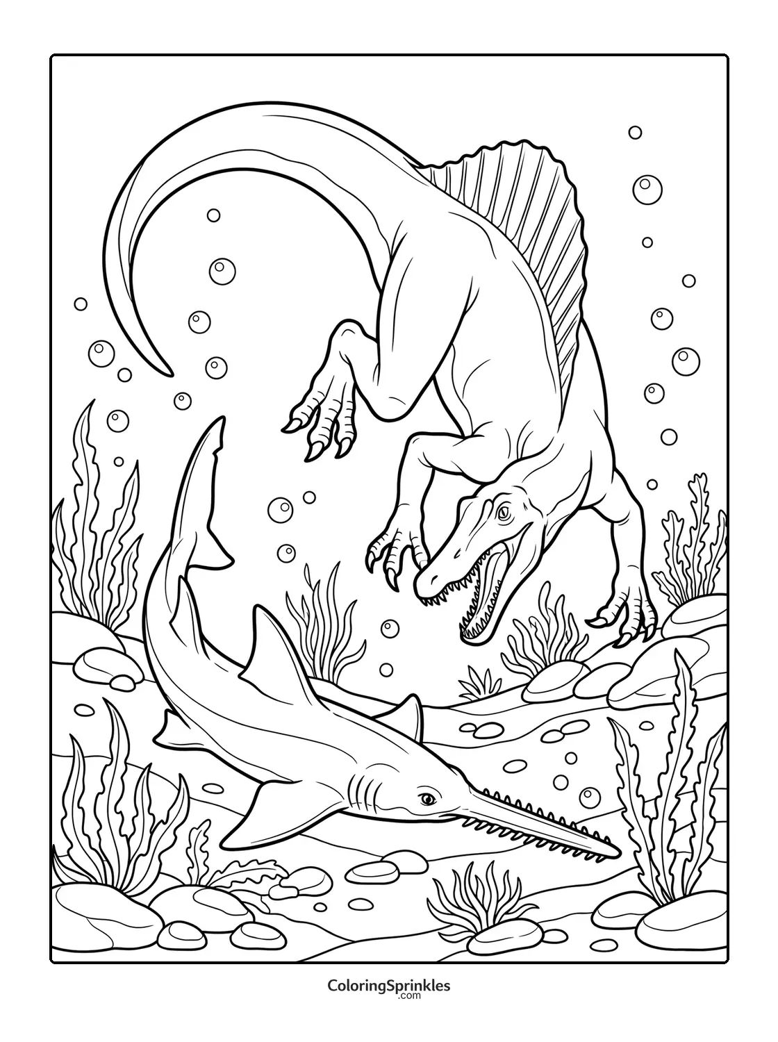 Coloring page of a spinosaurus underwater with a shark and seaweed