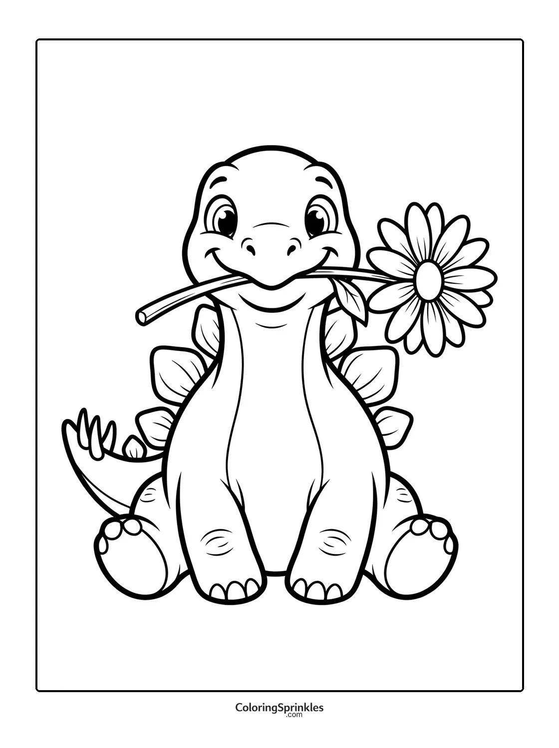 Coloring page of a cute smiling stegosaurus holding a flower