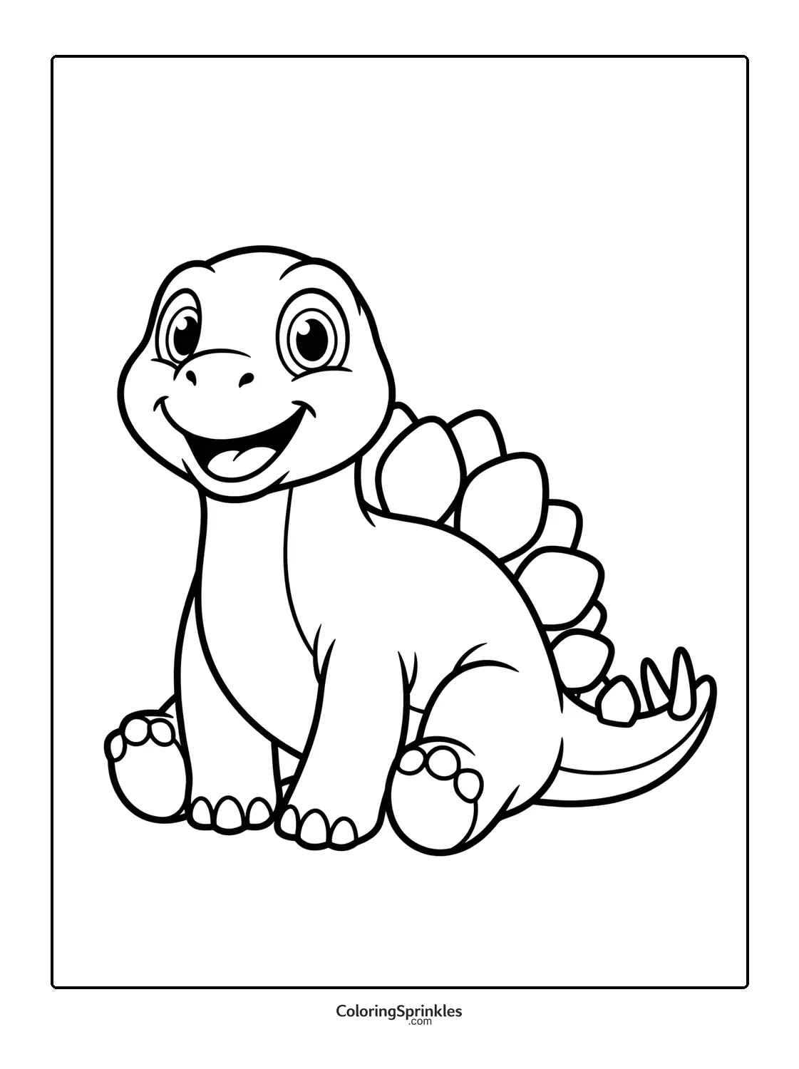Coloring page of a cute stegosaurus sitting and smiling