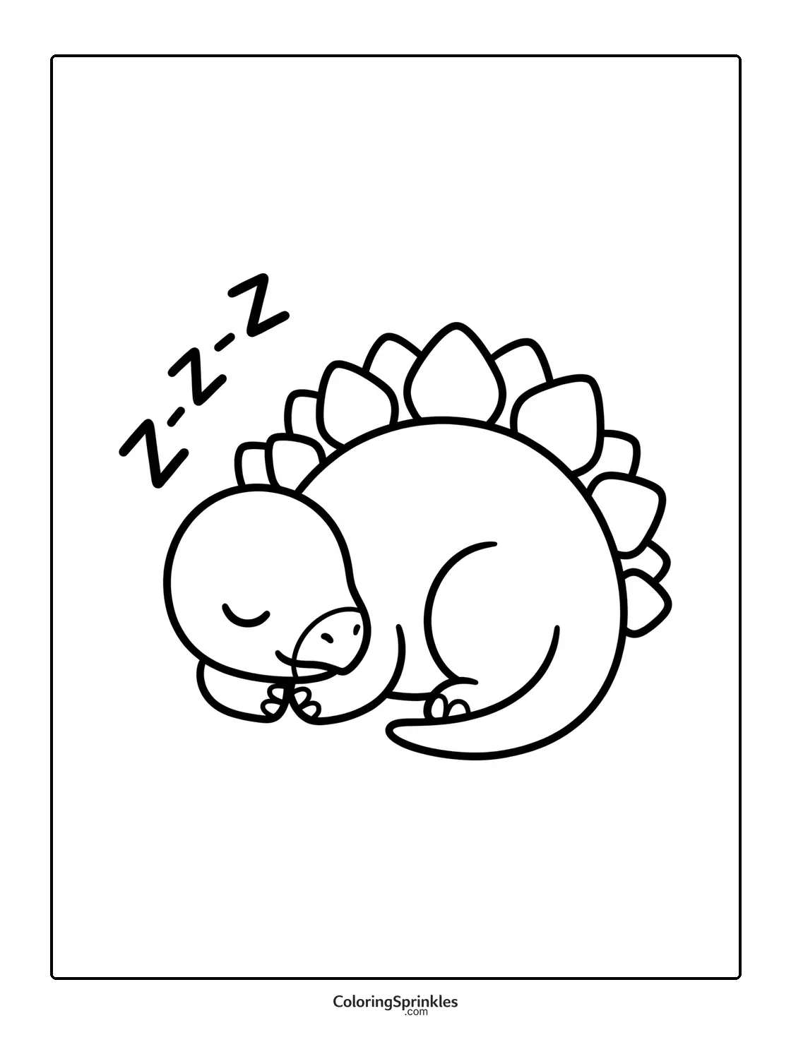 Coloring page of a sleeping stegosaurus dinosaur cartoon