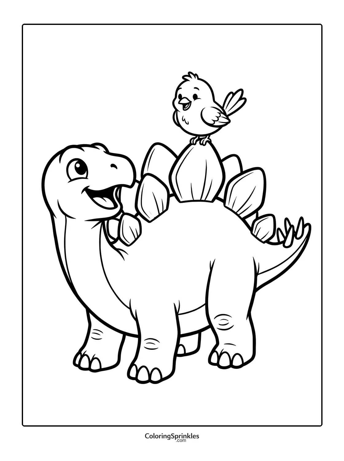 Coloring page of a happy stegosaurus with a bird on its back