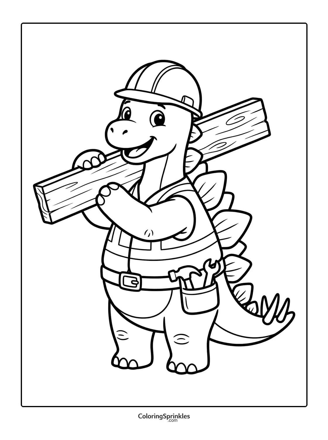 Coloring page of a stegosaurus dressed as a construction worker carrying a wood plank