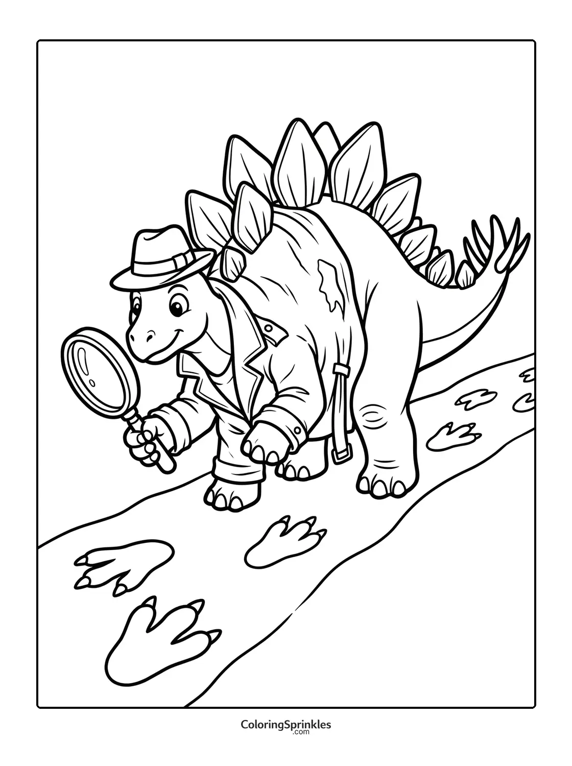 Coloring page of a stegosaurus dressed as a detective examining footprints with a magnifying glass