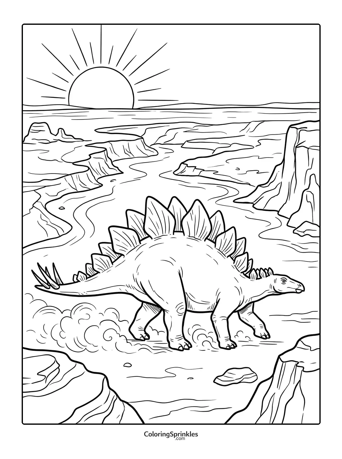 Coloring page of a stegosaurus dinosaur walking in a canyon at sunset