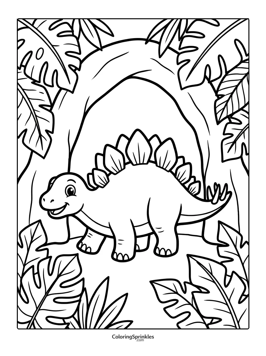 Coloring page of a smiling stegosaurus dinosaur standing in front of a cave surrounded by jungle leaves