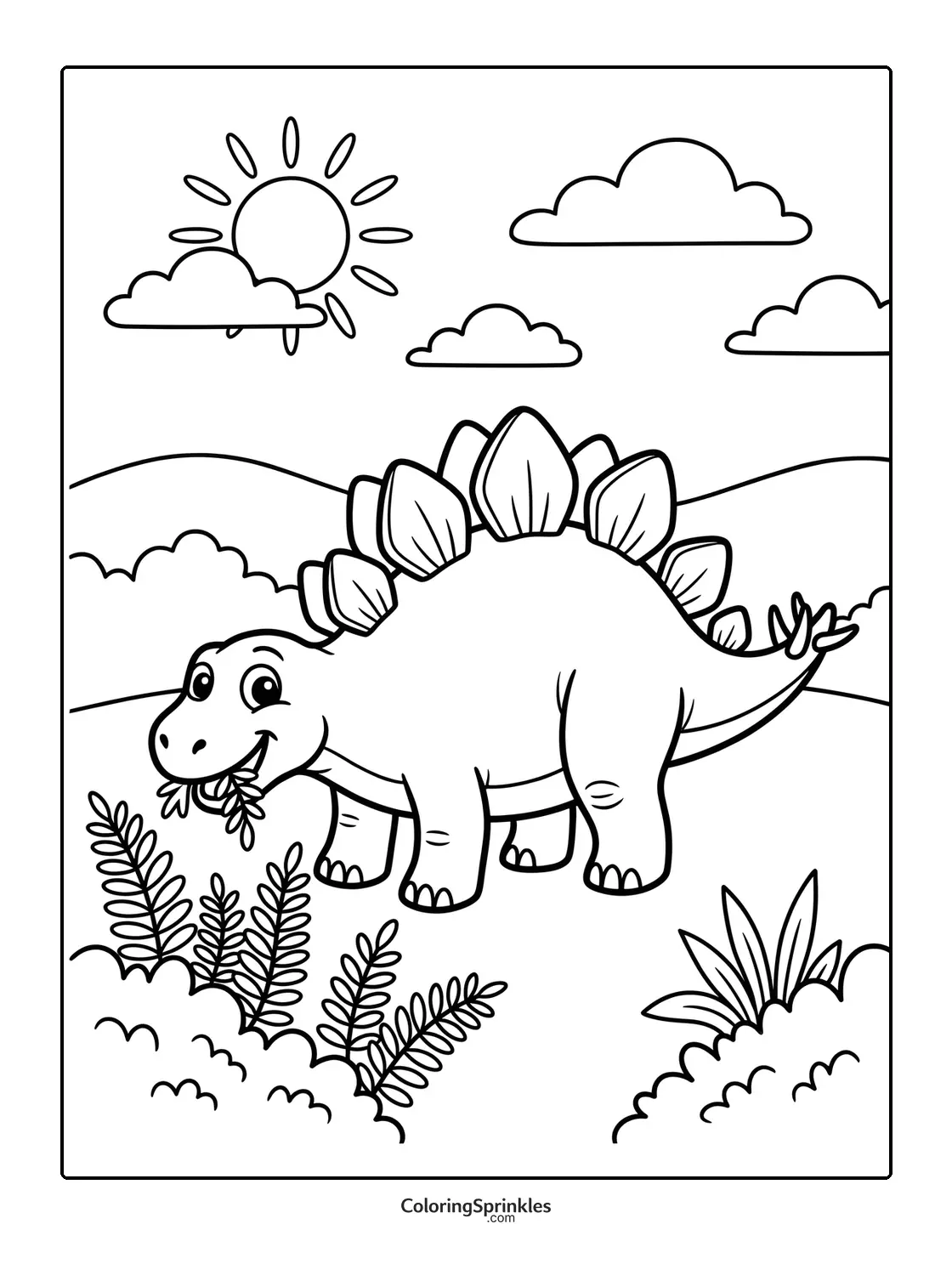 Coloring page of a stegosaurus dinosaur eating plants on a sunny day