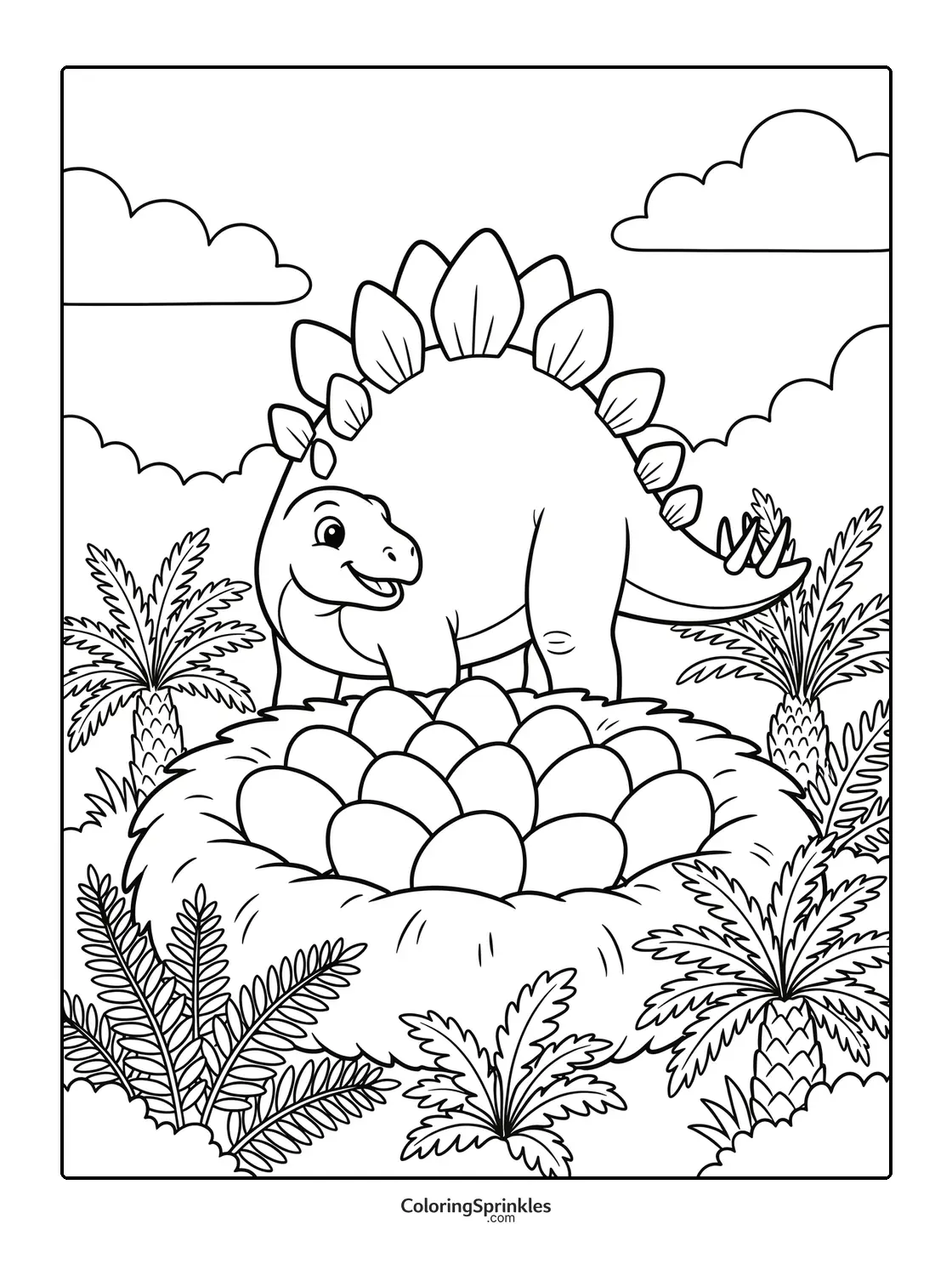 Coloring page of a stegosaurus dinosaur near a nest of eggs in a prehistoric forest