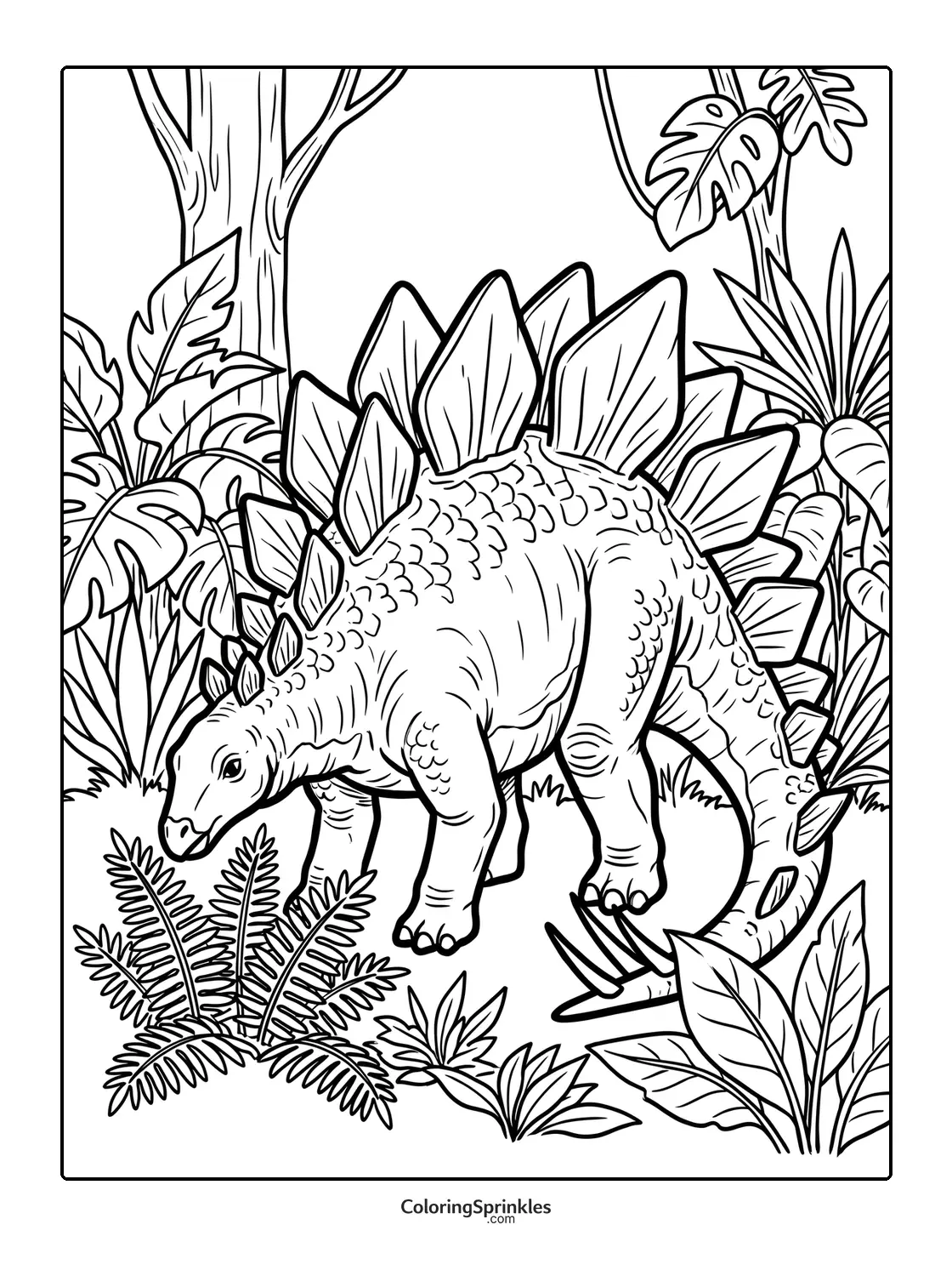 Coloring page of a stegosaurus dinosaur in a jungle with plants