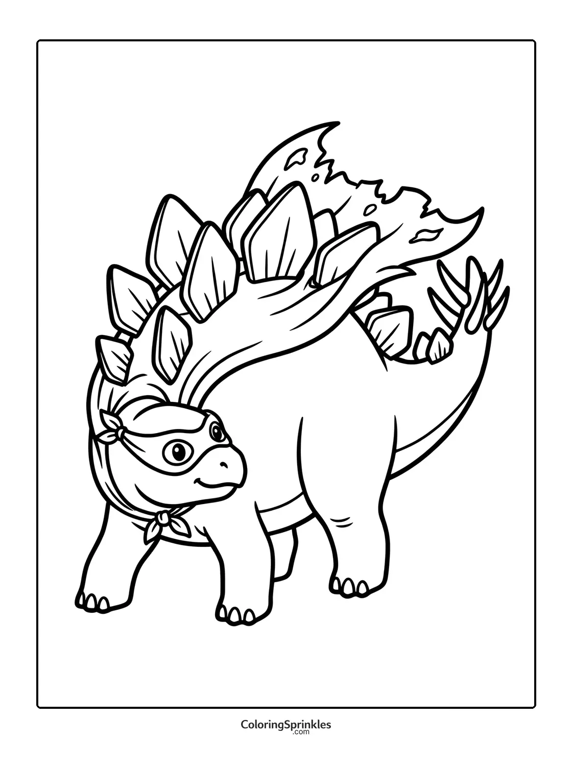 Coloring page of a stegosaurus dinosaur wearing a mask and bandana
