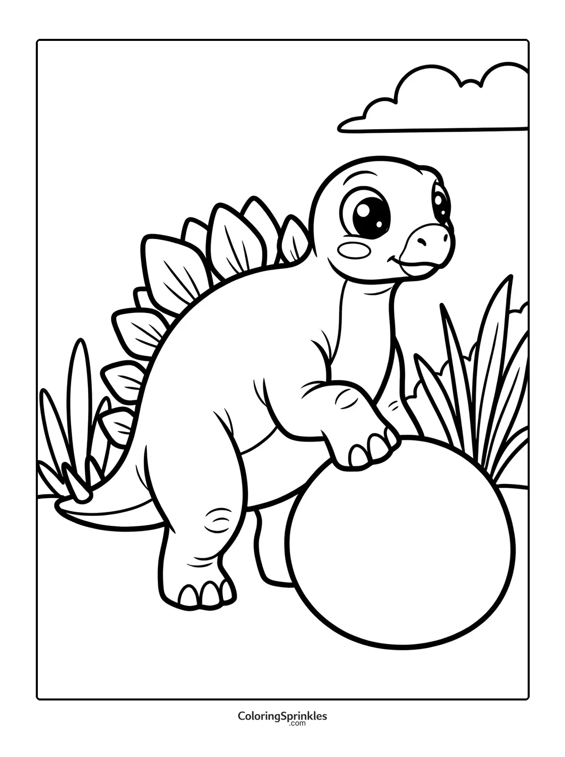 Coloring page of a stegosaurus dinosaur playing with a ball
