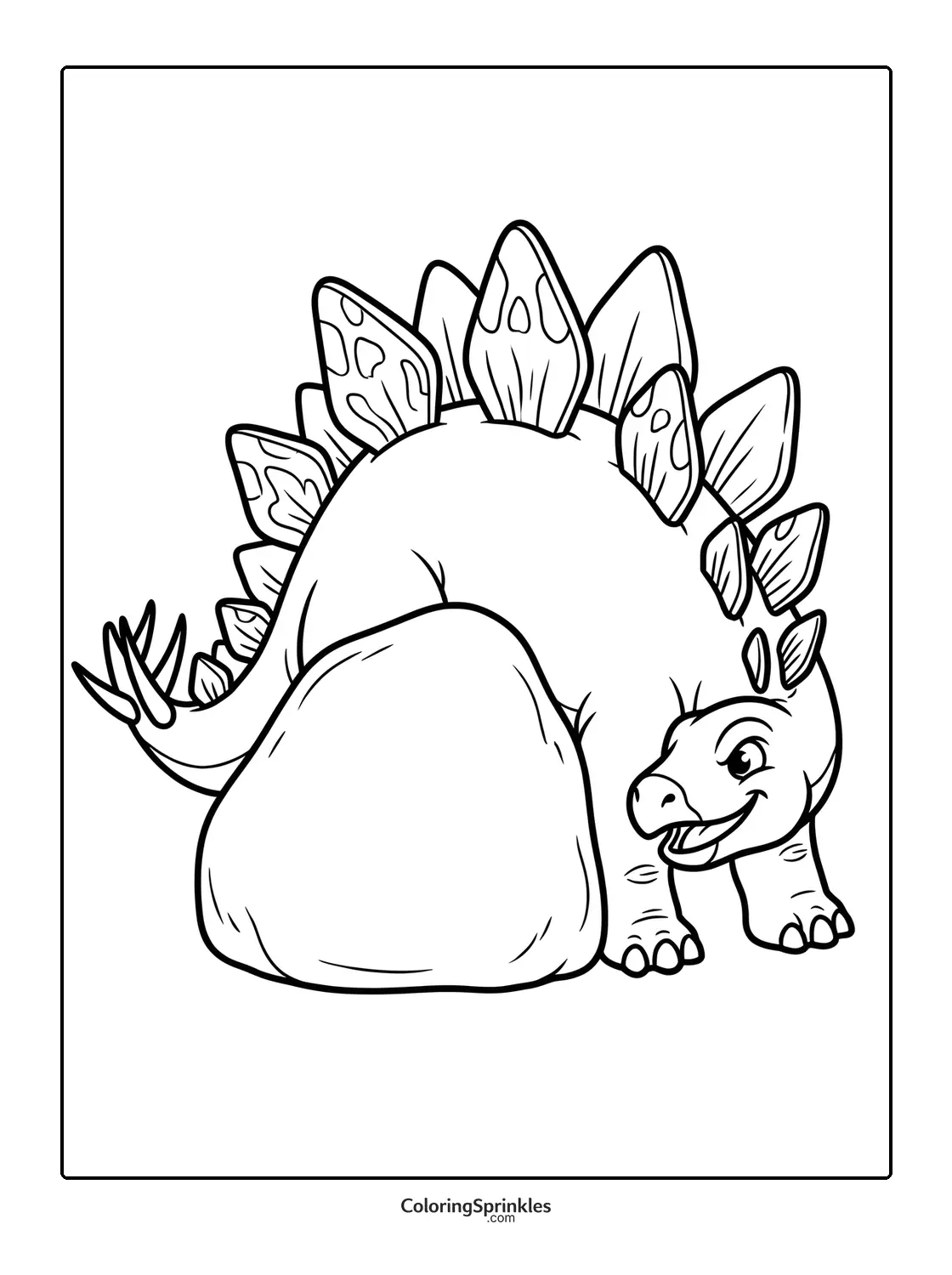 Coloring page of a smiling stegosaurus dinosaur near a rock