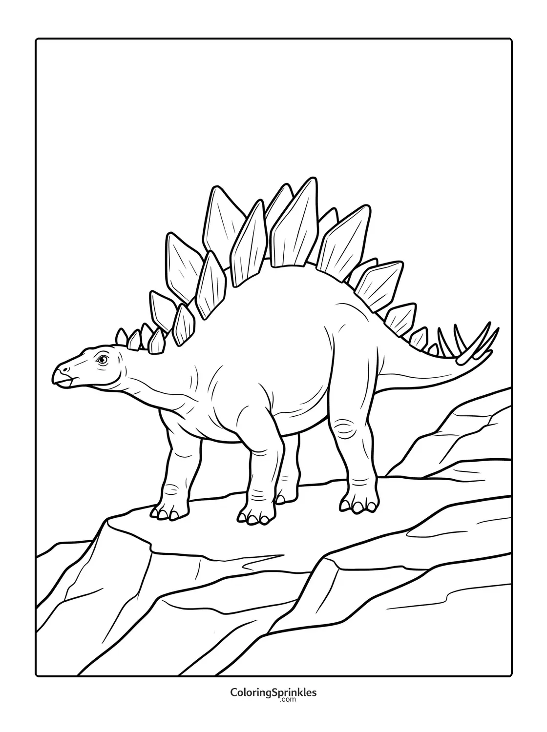 Coloring page of a stegosaurus dinosaur standing on a rocky hill