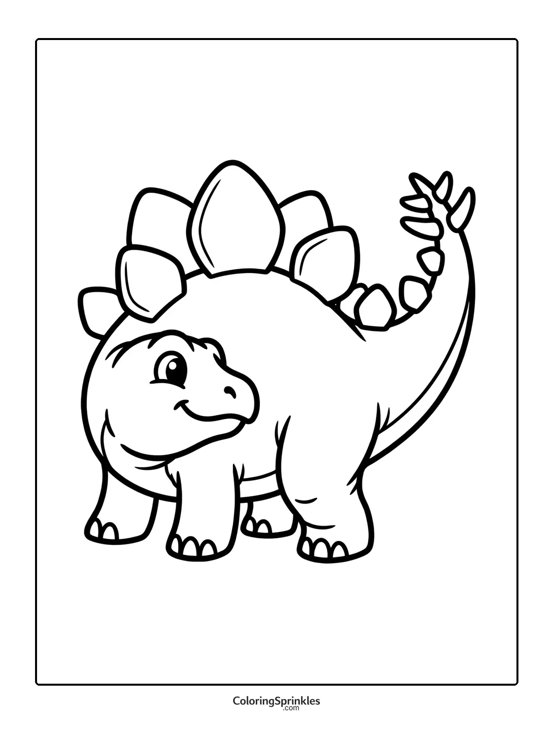 Coloring page of a smiling stegosaurus dinosaur cartoon