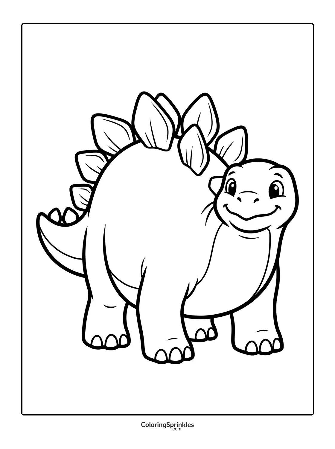 Coloring page of a smiling cute stegosaurus dinosaur
