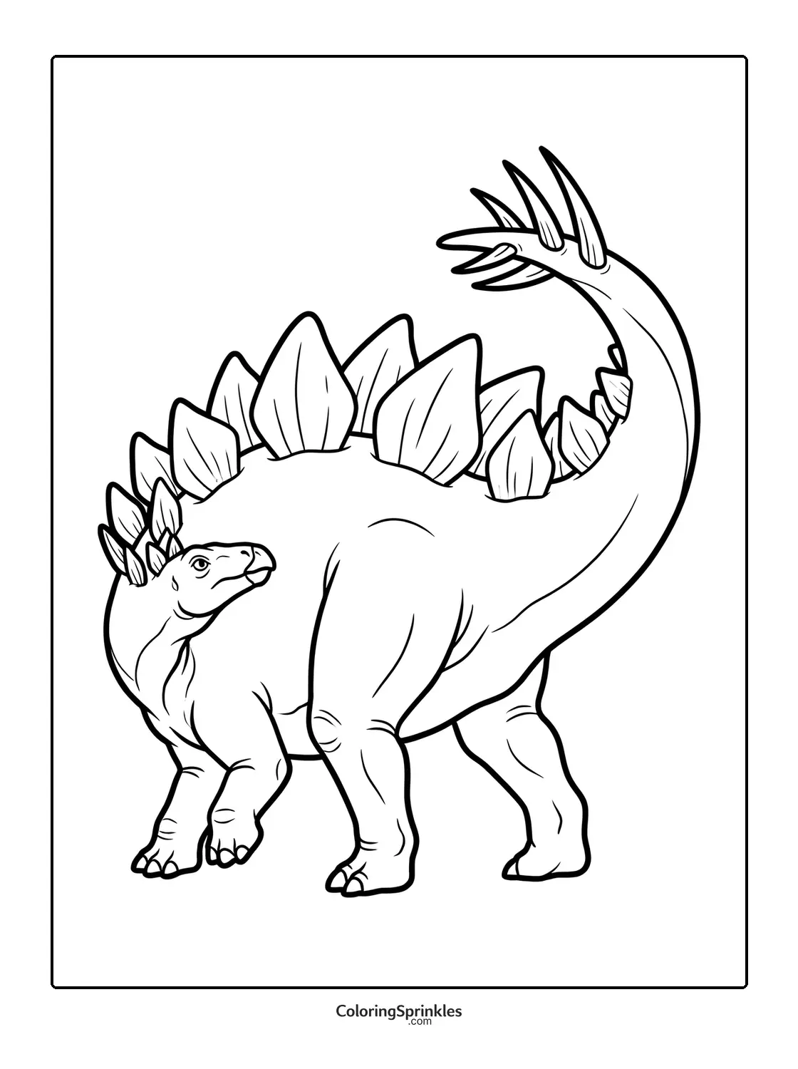 Coloring page of a stegosaurus dinosaur standing in side view