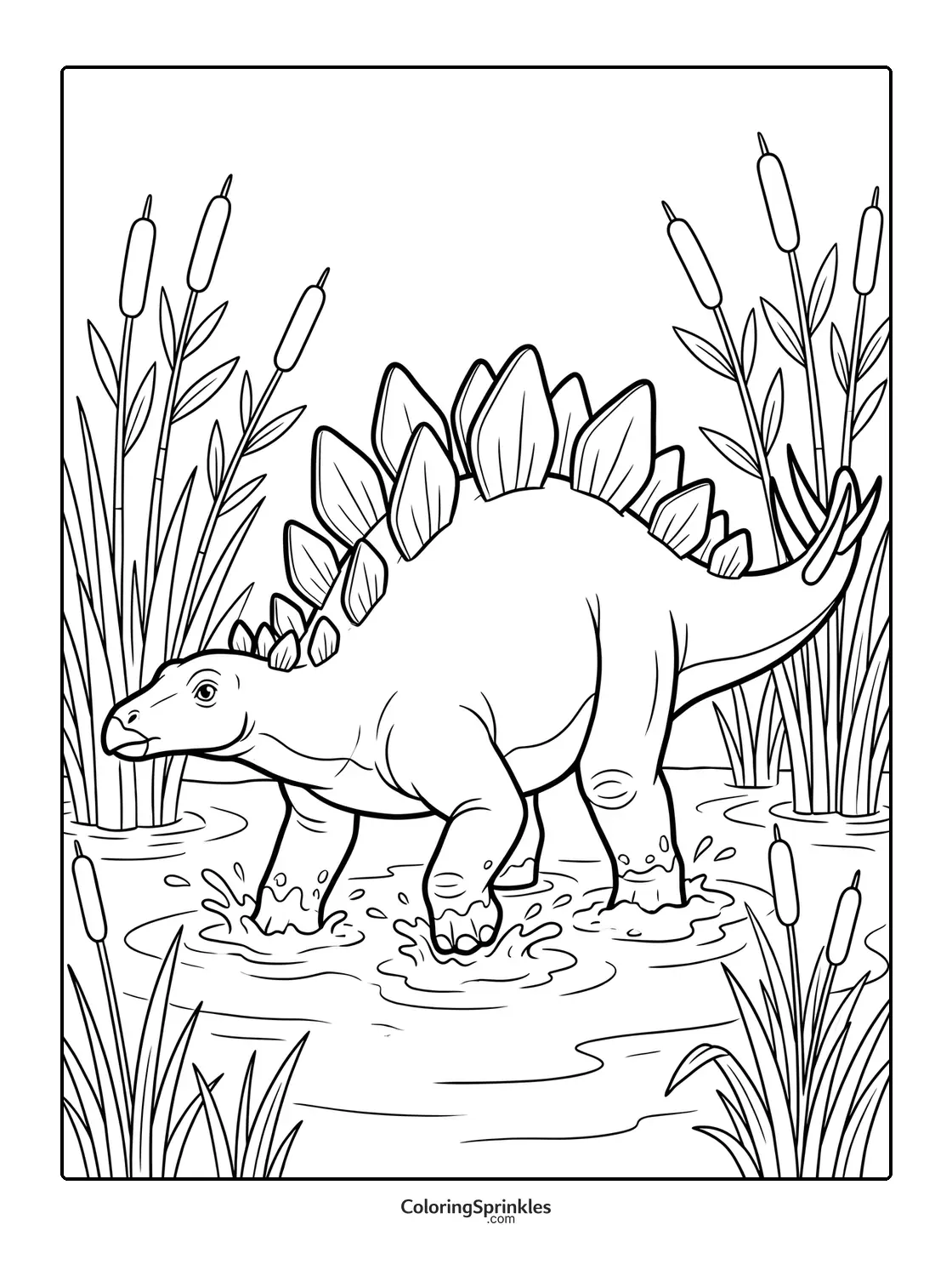 Coloring page of a stegosaurus dinosaur walking in a swamp with cattails