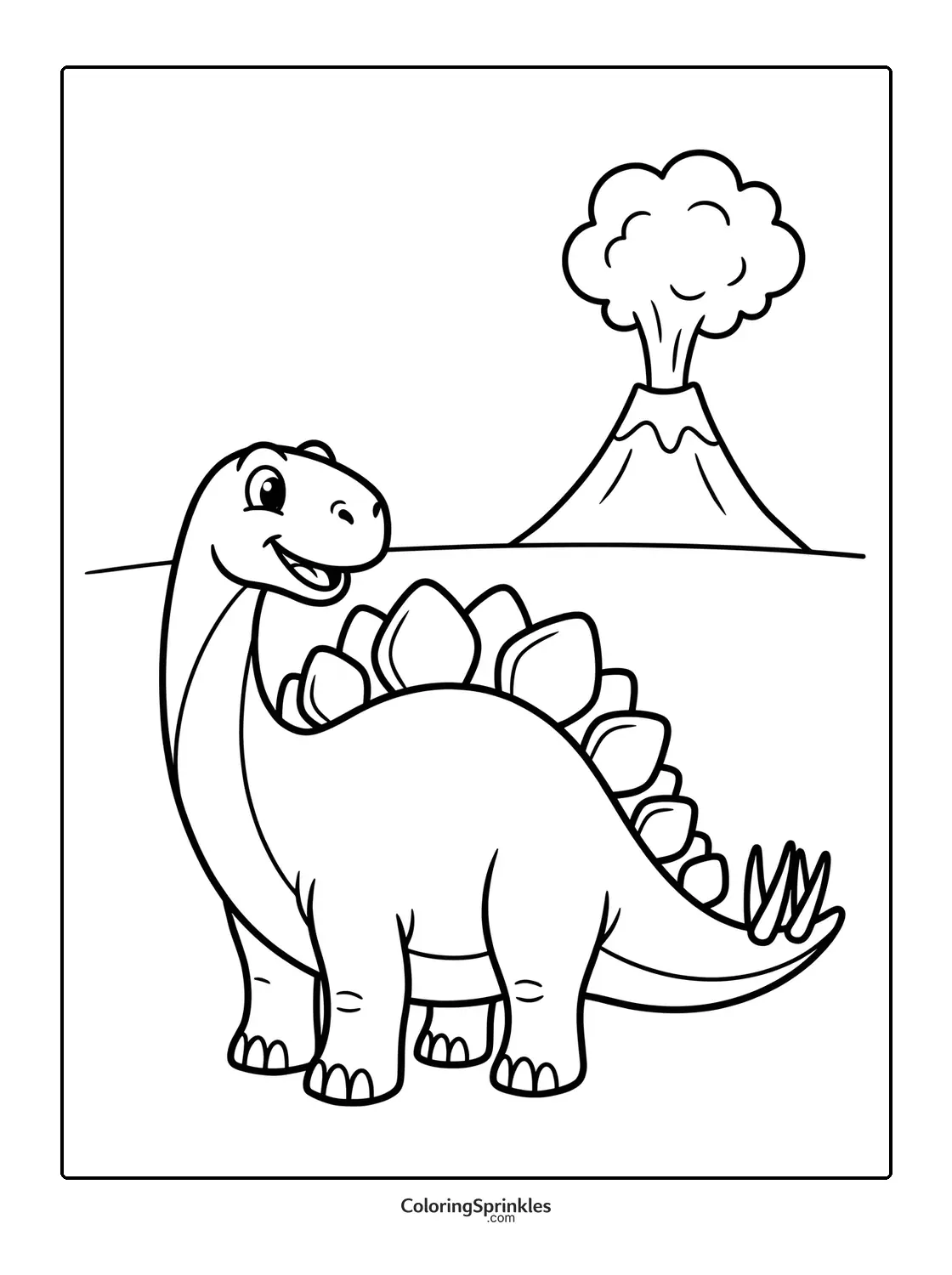 Coloring page of a smiling stegosaurus dinosaur with a volcano erupting in the background
