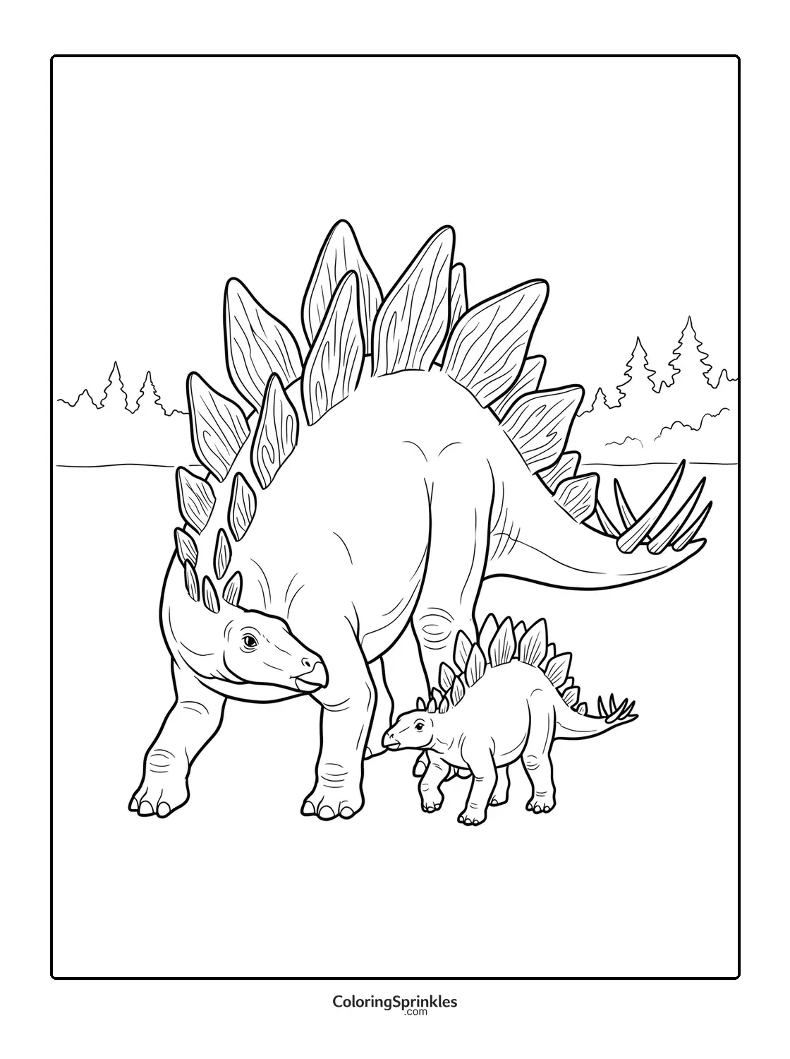 Coloring page of a mother stegosaurus and baby dinosaur in a forest