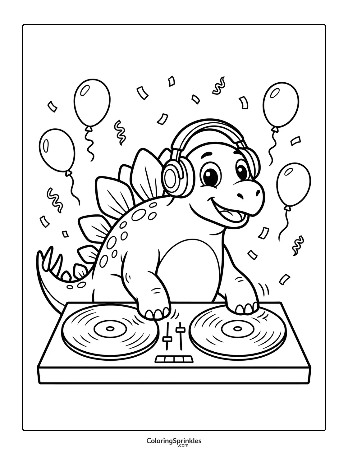 Coloring page of a stegosaurus DJ wearing headphones and playing turntables with balloons and confetti