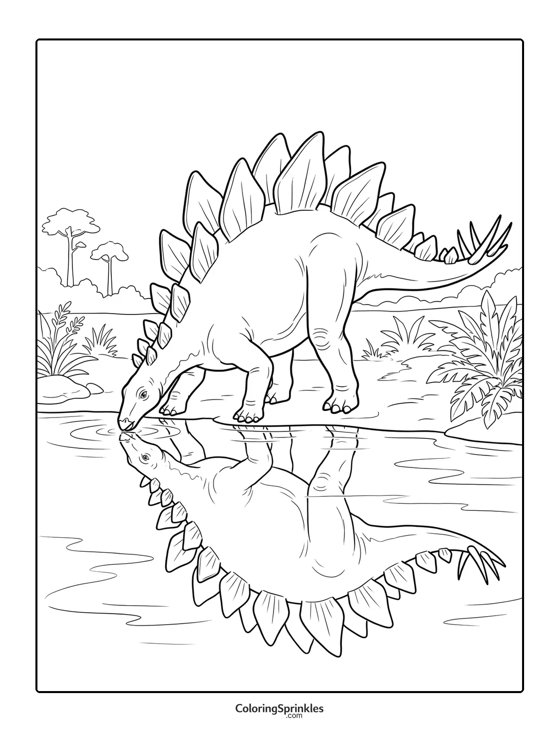 Coloring page of a stegosaurus drinking water with its reflection