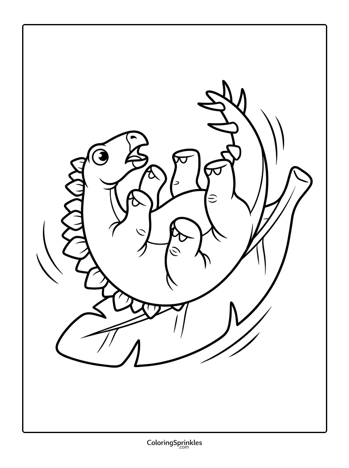 Coloring page of a stegosaurus falling on a large leaf