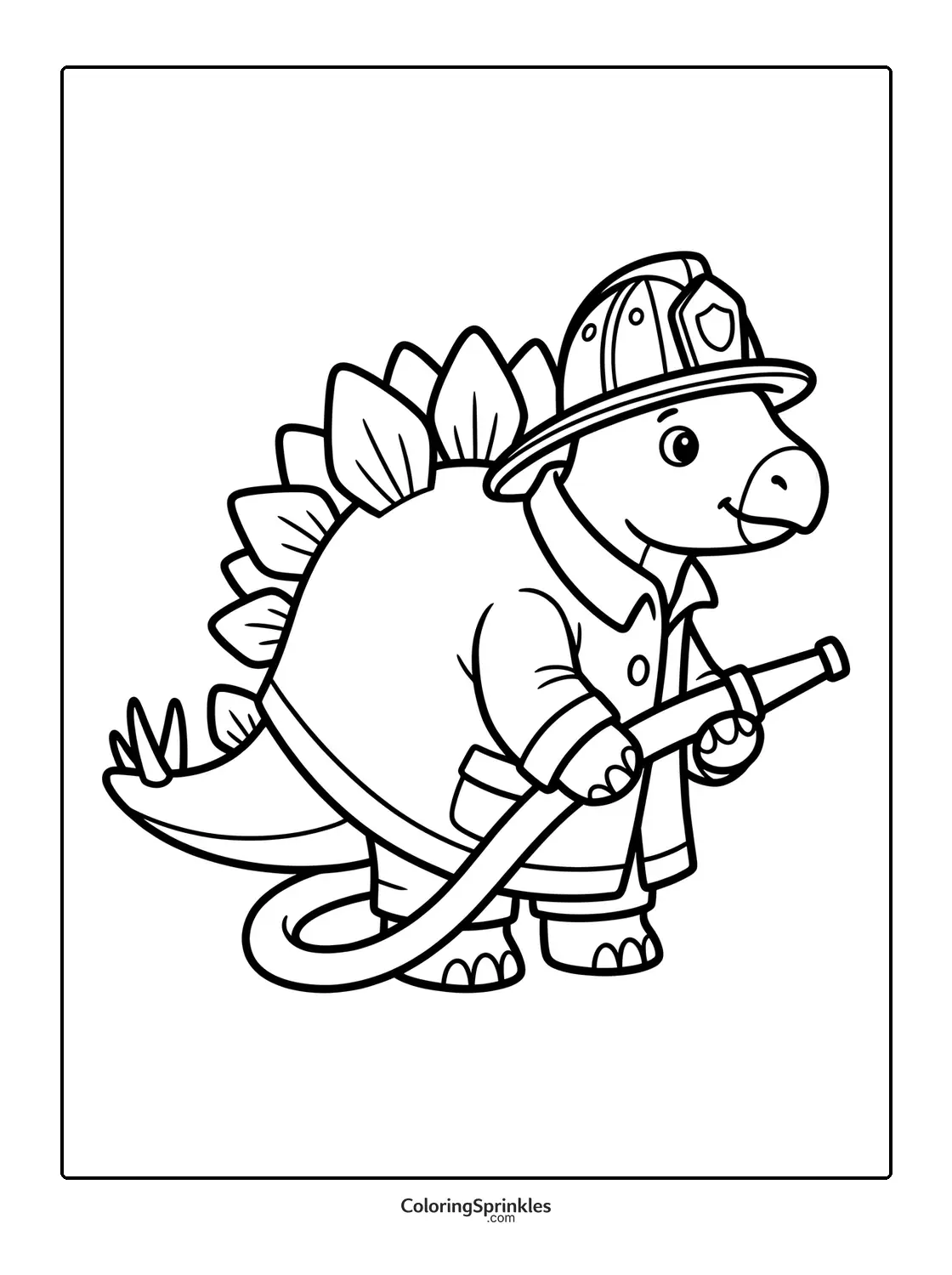 Coloring page of a stegosaurus dressed as a firefighter holding a hose
