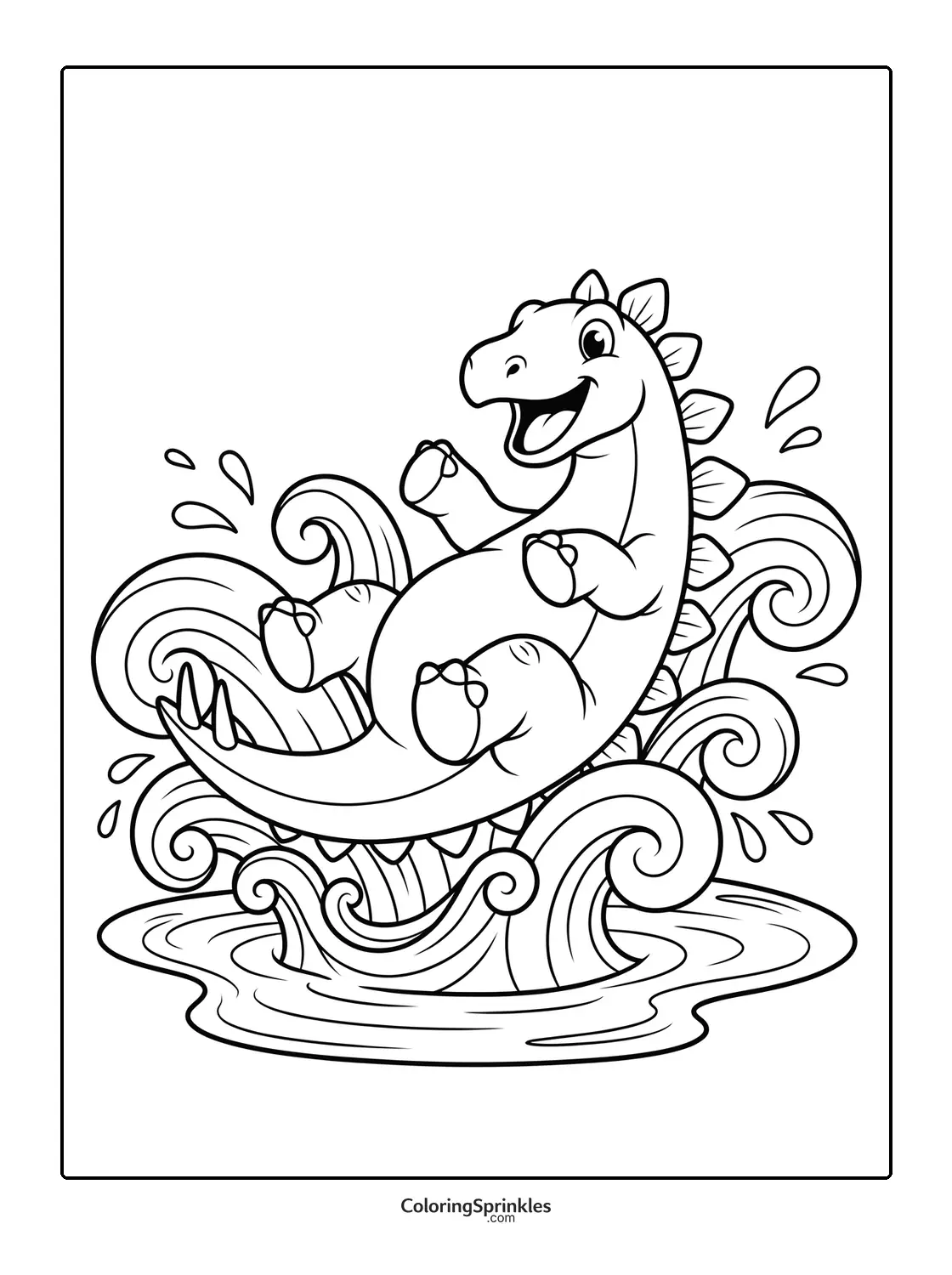 Coloring page of a happy stegosaurus splashing in water
