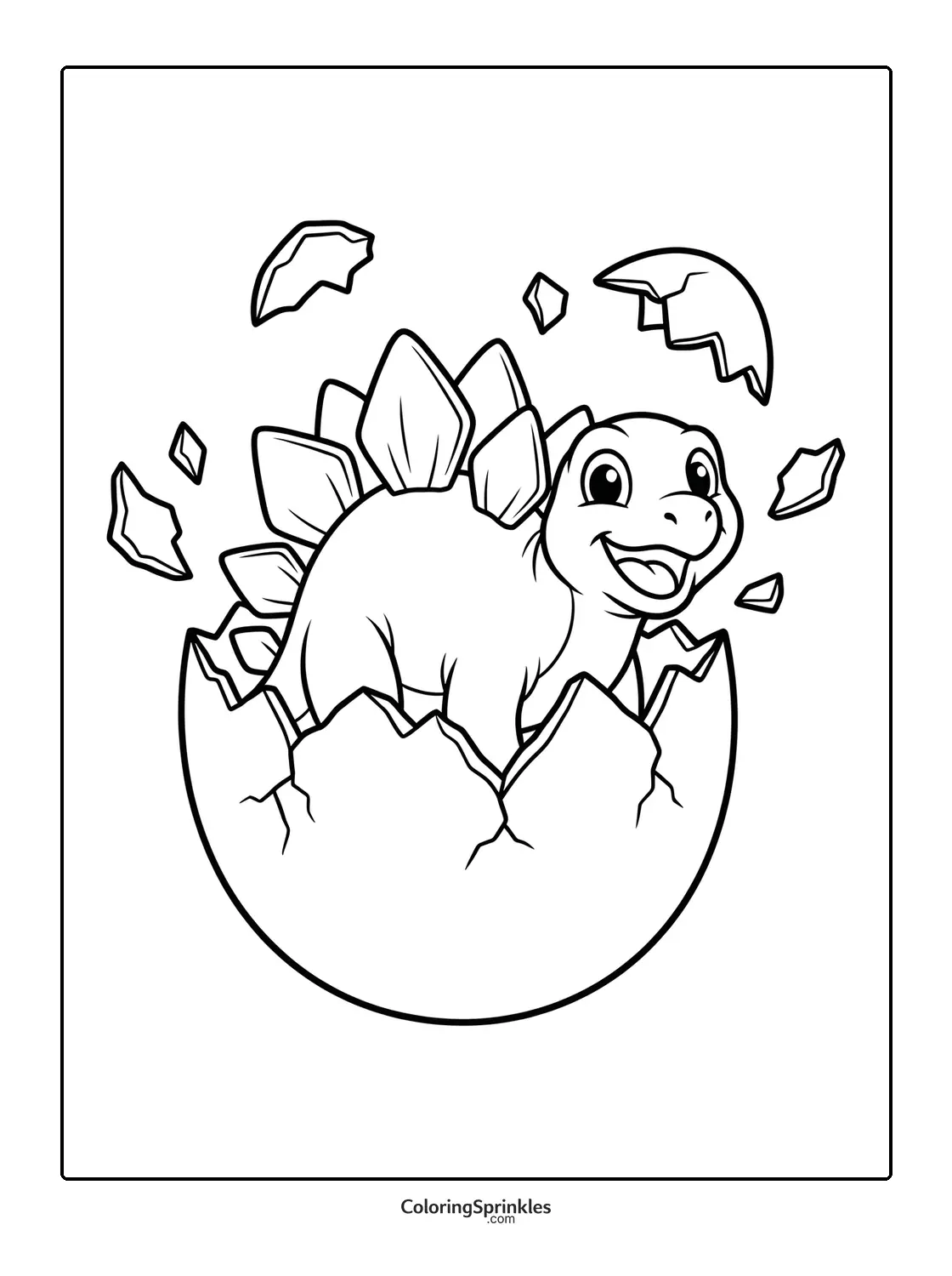 Coloring page of a stegosaurus hatching from an egg