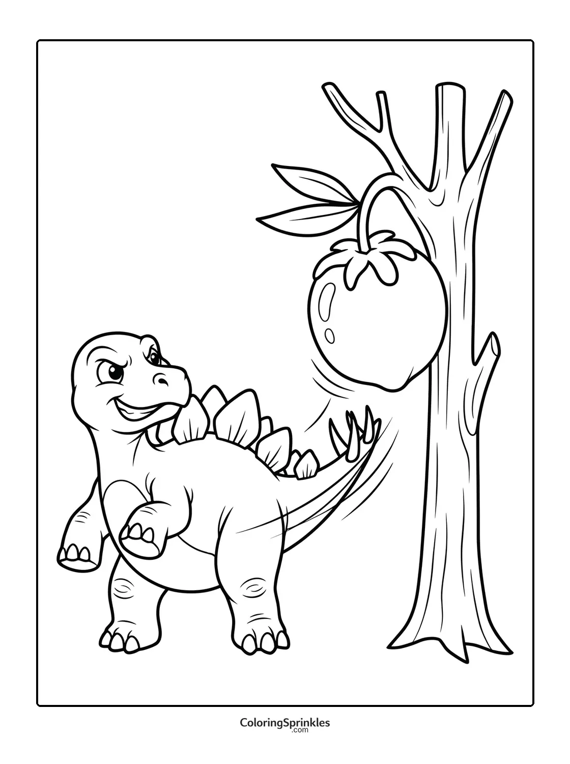 Coloring page of a stegosaurus kicking an apple from a tree