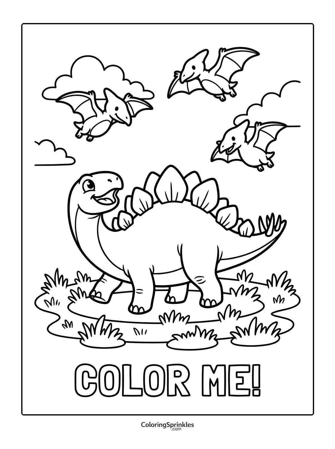 Coloring page of a stegosaurus with flying pterodactyls
