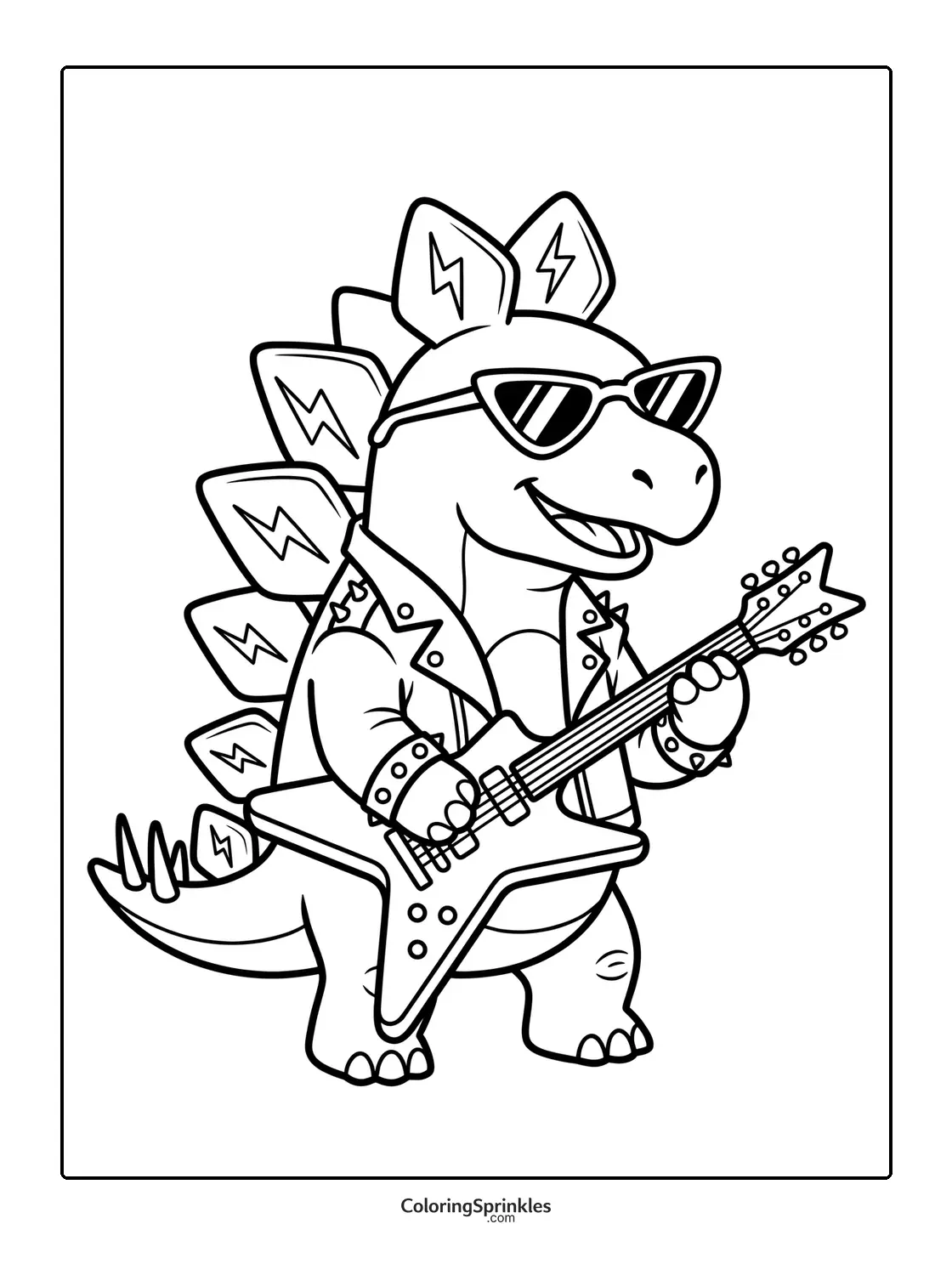 Coloring page of a stegosaurus rockstar playing an electric guitar