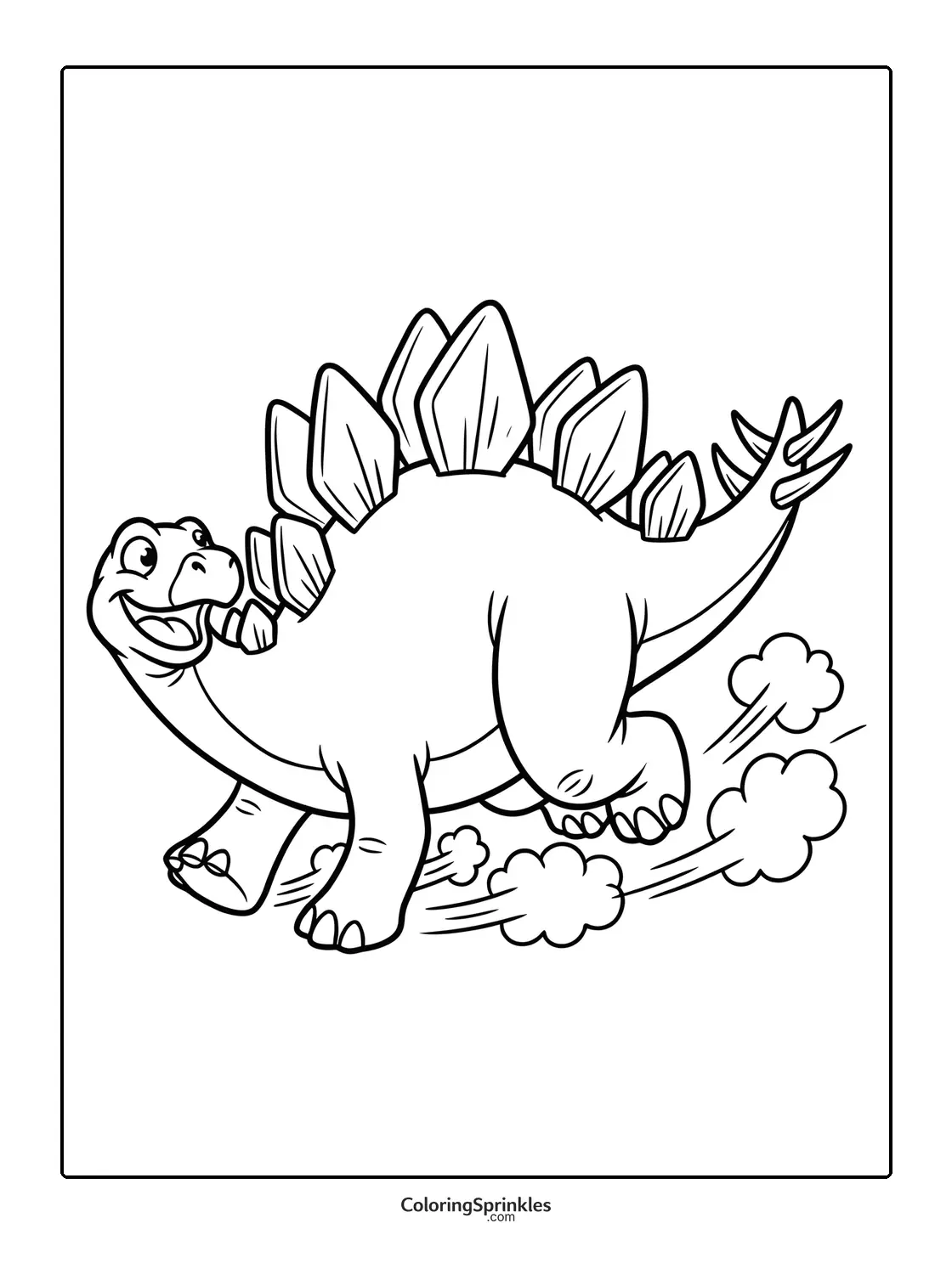 Coloring page of a stegosaurus running with dust clouds