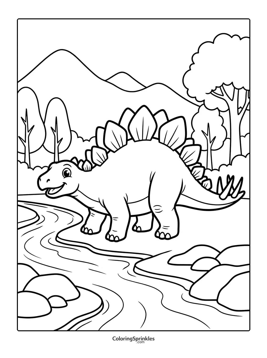 Coloring page of a smiling stegosaurus by a river with mountains and trees