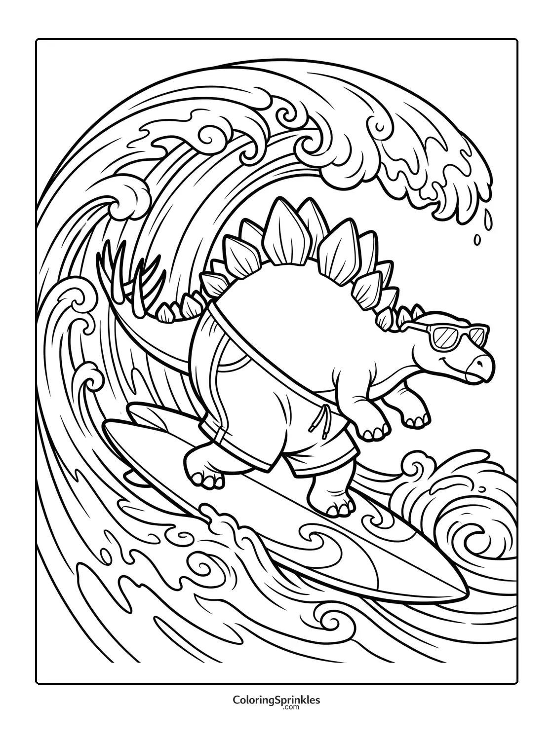Coloring page of a stegosaurus surfing a big wave wearing sunglasses and shorts