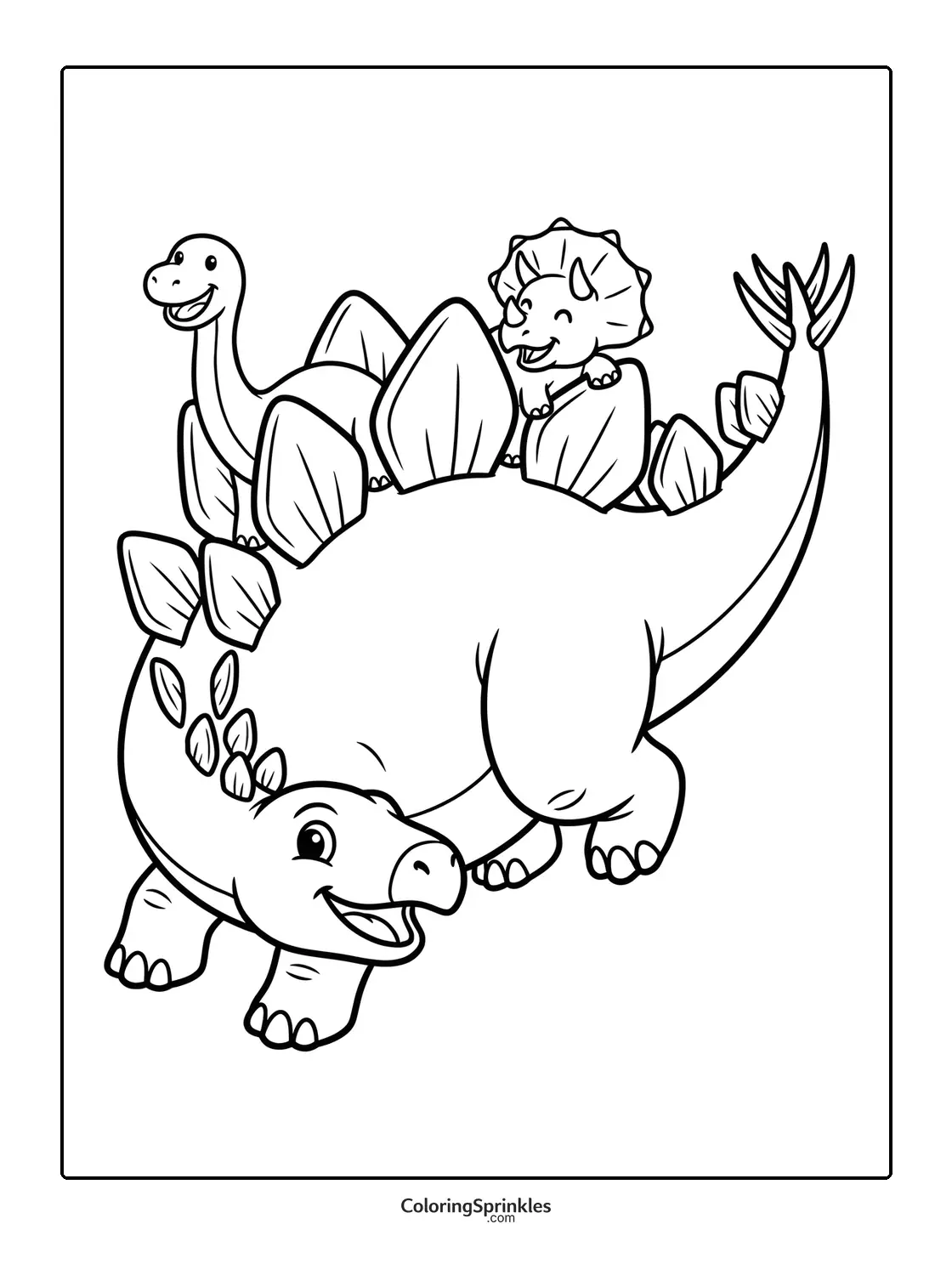 Coloring page of a stegosaurus with a triceratops on its back
