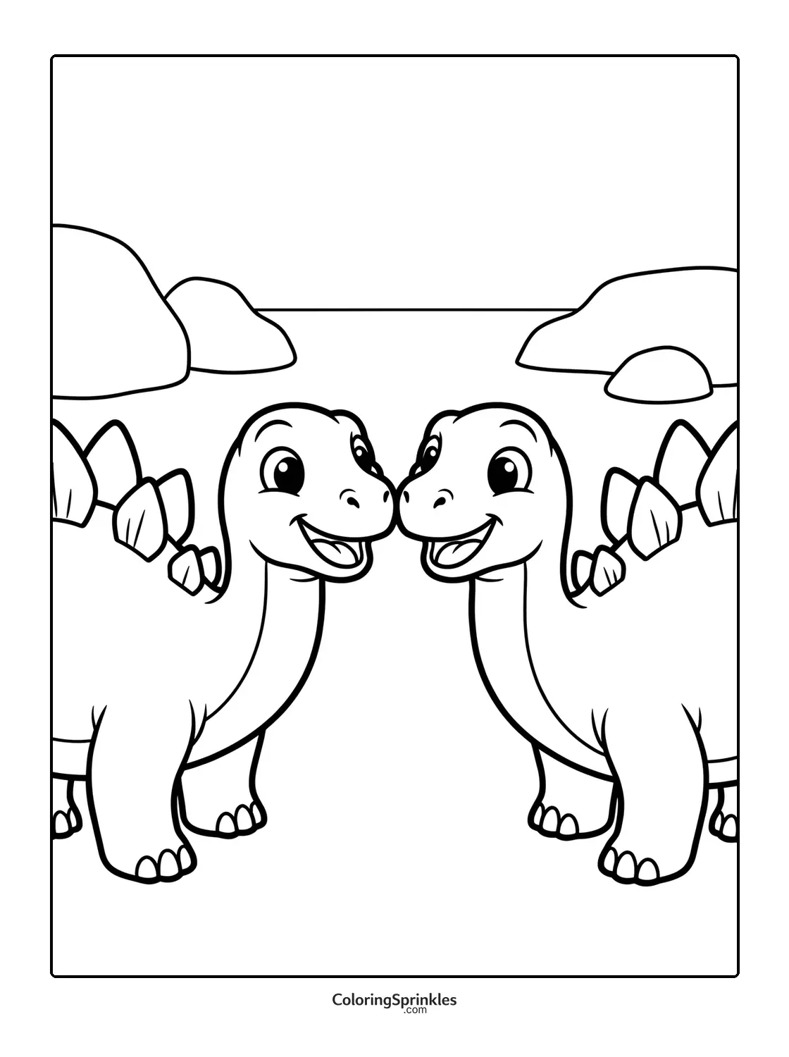 Coloring page of two smiling stegosaurus dinosaurs with rocks in the background