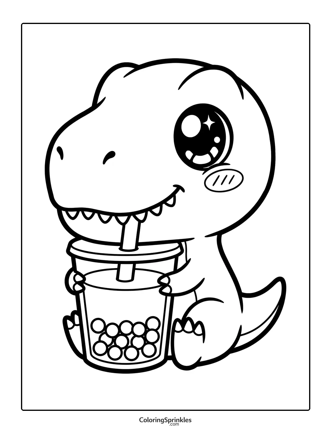Coloring page of a cute T-Rex drinking bubble tea